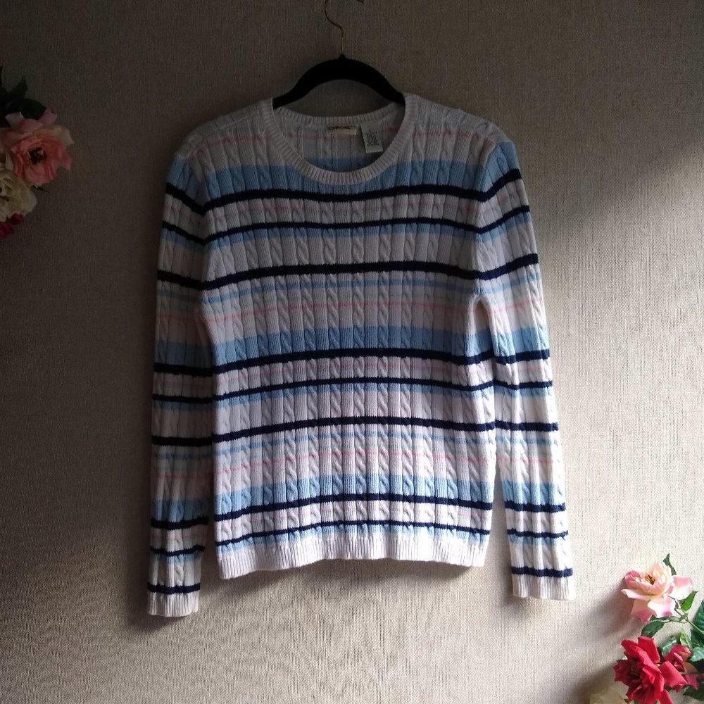 3/$30 Cherokee Blue Striped Cable Knit Sweater L